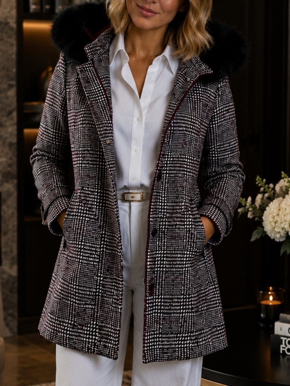 D.E.T.A.I.L.S. Chic Plaid Trench Coat with Faux Fur Trim